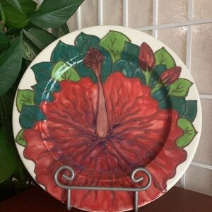 Rare Banana Patch Studio Floral Ceramic Plate with Red Hibiscus Design